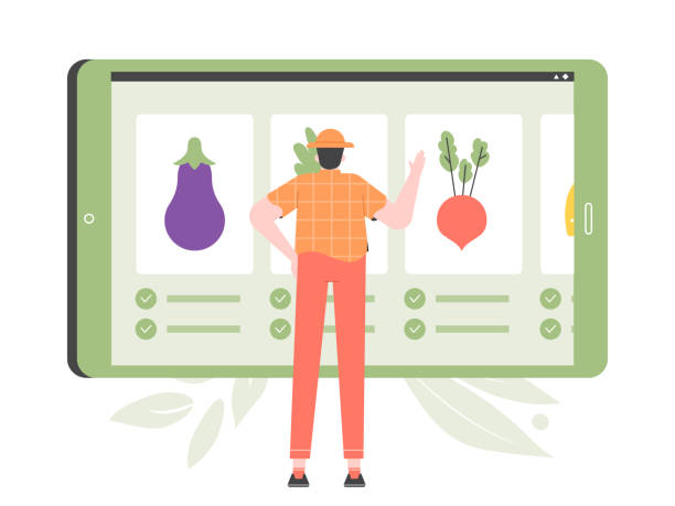 Modern agriculture. Vertical indoor farming. Plant growth, soilless farming techniques. Hydroponics and aeroponics. Farmer character are standing next to a giant tablet. Vector flat illustration.